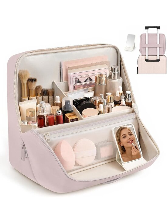 Handbags - Stylish Travel Makeup Bag - Folding Leather Cosmetic Organizer with Handle